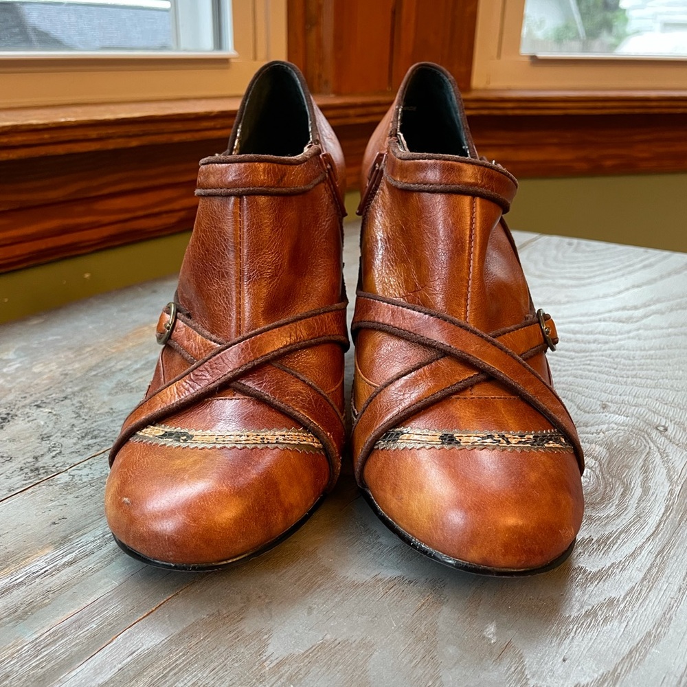 Women's Tan Leather Ankle Booties with Decorative Straps - Picture 3 of 8